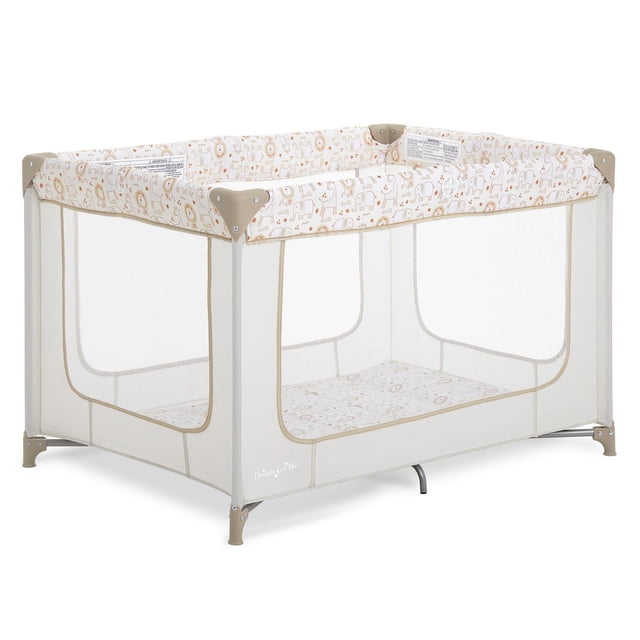 Dream On Me Zodiak Portable Playard, Model #438 front-facing portable playard with four airy mesh sides, padded floor, arced corner supports and lightweight aluminium frame; folds into included tote for travel. Dimensions 40 x 28.5 x 29 in.