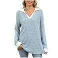 thumbnail image 1 of Yuyuzo Long Sleeve Tops for Women Ribbed Knit V Neck Collared Loose Fitted Casual Lightweight Fall Tees, 1 of 7