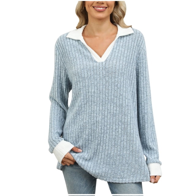 Yuyuzo Long Sleeve Tops for Women Ribbed Knit V Neck Collared Loose Fitted Casual Lightweight Fall Tees