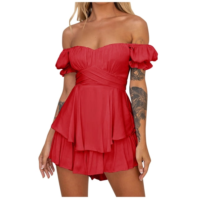 Penkiiy Combinaisons pour Femmes Mode Femme Été Uni Décontracté Manches Courtes Salopette Courte Combinaison Rouge TP Combinaisons