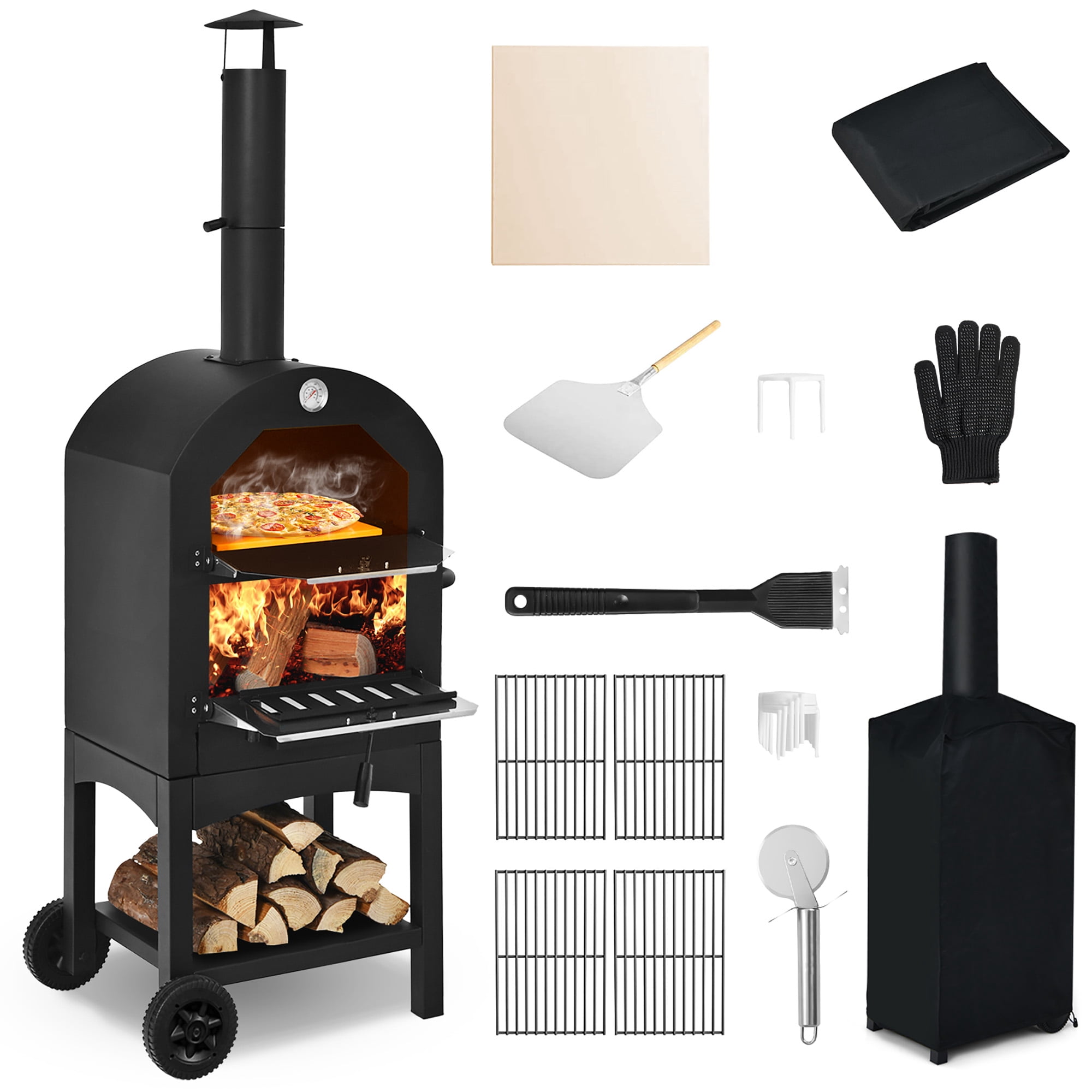 Costway Outdoor Pizza Oven Wood Fire Pizza Maker Grill w/ Pizza Stone & Waterproof Cover