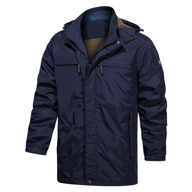 LSLJS Men's Fall and Winter Plus Velvet Solid Color Zipper Pocket Warm Jacket in blue, size XXL. This men's winter jacket features a detachable hood, adjustable Velcro cuffs, ribbed stand collar, heavy-duty zipper, and elastic cuffs for windproof protection. Made of durable nylon material with functional pockets, ideal for outdoor activities like hiking, camping, cycling, and casual wear.