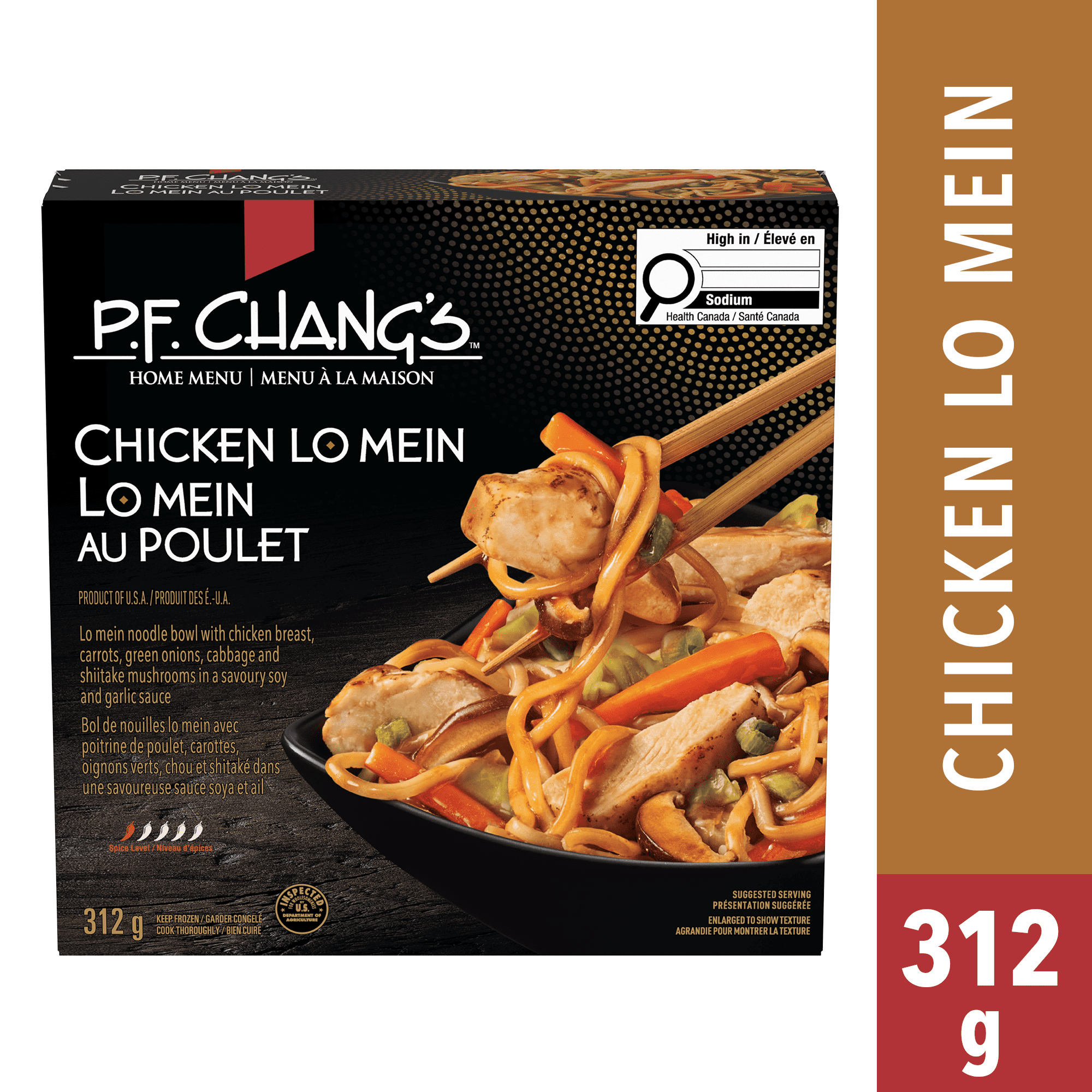 P.F. Chang’s Home Menu Chicken Lo Mein Frozen Dinner, Noodles with chicken breast, carrots, green onions, cabbage and shiitake mushrooms in soy and garlic sauce, Restaurant-Inspired, Chicken Lo Mein Frozen Meal, 312g