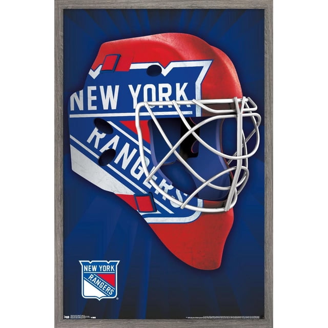 NHL New York Rangers - Mask 16 Wall Poster, 22.375" x 34" shows a front-facing hockey goalie mask with the New York Rangers logo and team colors in red, white, and blue on a dark blue radial background, framed in gray wood. Suitable for sports-themed room decor and easy to hang with included clips.