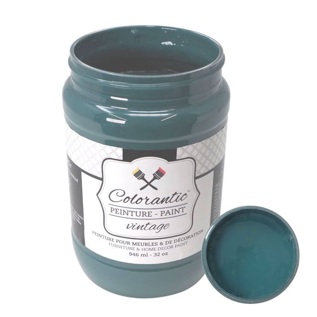 Colorantic CACTUS Chalk Paint Based for Furniture DIY in dark green-blue, 32 oz container with resealable lid. This eco-friendly, non-toxic chalk paint features a chalky matte finish and quick-drying formula, adhering to wood, fabrics, and matte metal surfaces. Perfect for arts and crafts, home decor, and furniture restoration projects.