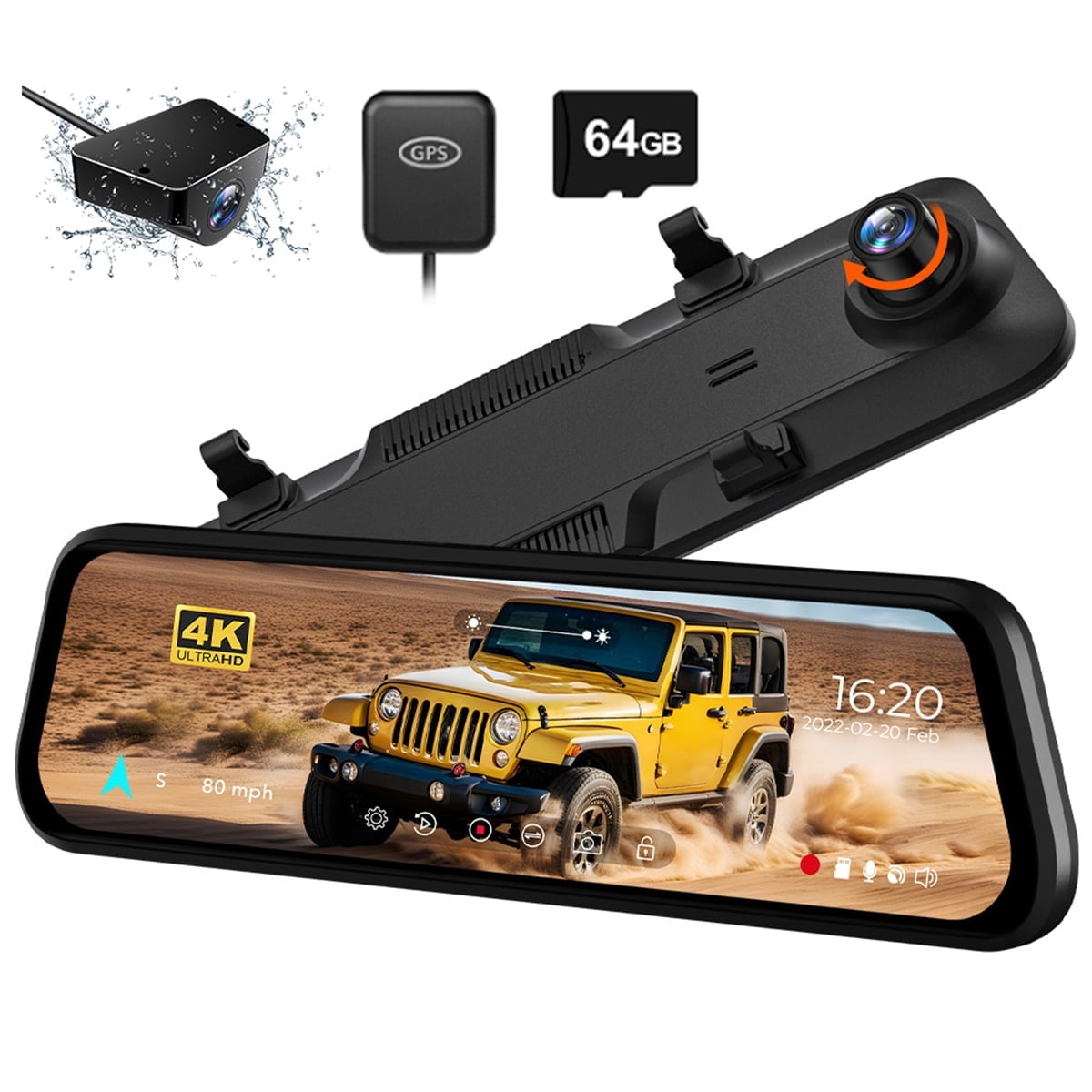 WOLFBOX 12'' Rear View Mirror Dash Cam, 4K Front and 1080P Rear Car Dash Cameras with Super Night Vision, Vehicle, Free 64GB Card & GPS, USB C Port