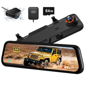 WOLFBOX 12' Vue arrière Miroir Dash Cam, 4K Avant et 1080P Caméras arrière avec vision nocturne Super, Véhicule, Gratuit 64GB Carte & GPS, USB C Port
