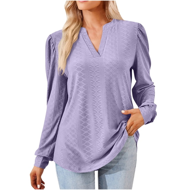 KIHOUT Spring Winter Womens Tops Fashion Solid Color V-Neck Long Sleeve Loose T-shirt Top Blouse