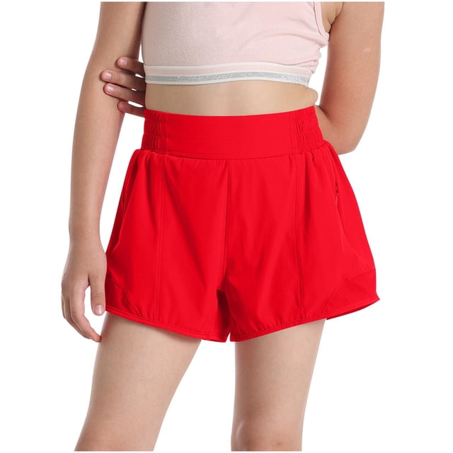 Shorts Athlétiques pour Filles en Liquidation, Décontractés, Taille Haute, Shorts Athlétiques pour Filles, Shorts d'Été Actifs de Course avec Poches, Neufs, Rouges, 12 Ans