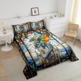 thumbnail image 4 of Western Dragon Kids Comforter Set Queen Size,Tale Castle Cloud Glass Dragon Bedding Set,Boys Girls Room Decor,Geometric Patchwork Natural View Down Comforter,Blue Retro Duvet Insert,2 Pillowcases, 4 of 7