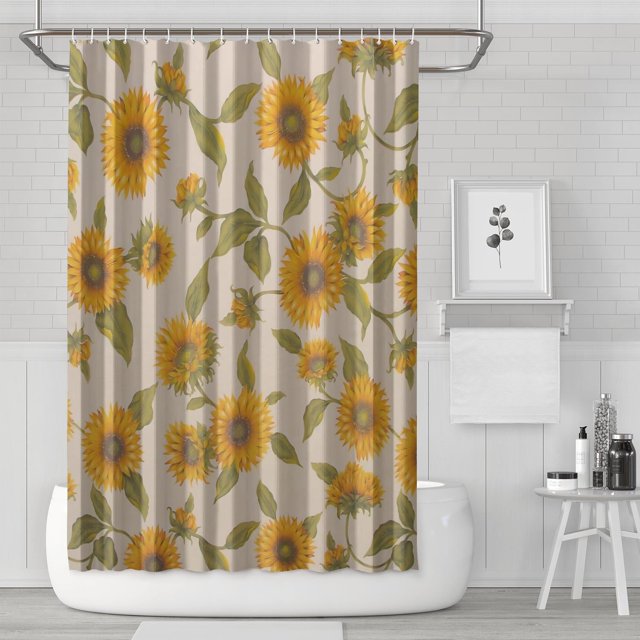 Ensemble de Rideau de Douche avec Encliquetable, Beige Vert Marguerite (3) Rideaux de Douche Réutilisables Doublure de Douche, Rideau de Salle de Bain Décoratif en Polyester, 72x72 Pouces