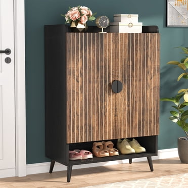 Tribesigns Armoire à Chaussures avec Portes, Armoire de Rangement pour Chaussures à 7 Niveaux avec Tablettes Ajustables, Étagère à Chaussures en Bois Organisateur de Rangement pour Chaussures pour Entrée, Couloir, Garde-Robe, Salon, Brun Rustique