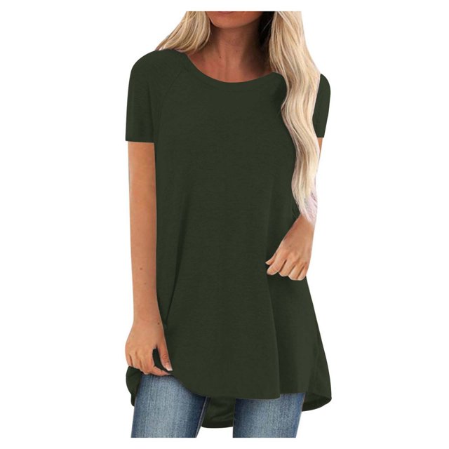 JIRNDf Chemises pour Femmes Hauts Mode Été Tendance Grande Taille Col Rond Manches Courtes Longues Tuniques Décontractées Blouse Vert Armée L
