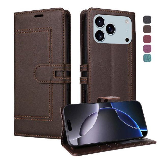 Étui Portefeuille Premium pour iPhone 17 Pro Max avec Fentes pour Cartes et Support, Étui à Rabat Brun