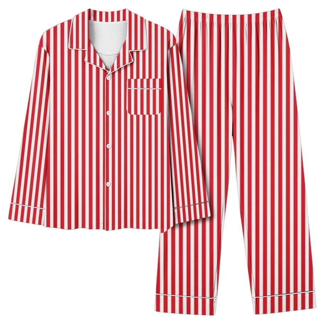 Timdgard Womens Pajamas Outfits Striped Lapel Button down Shirts Pants Lounge Sets Fall Loose Sleepwear