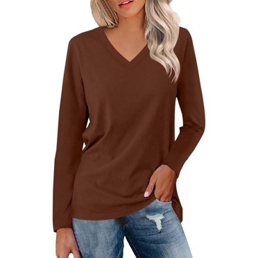 Fgnfyis Women's Solid Color V Neck Long Sleeve T Shirt Casual Top for Everyday Wear T Shirts for Women Brown L