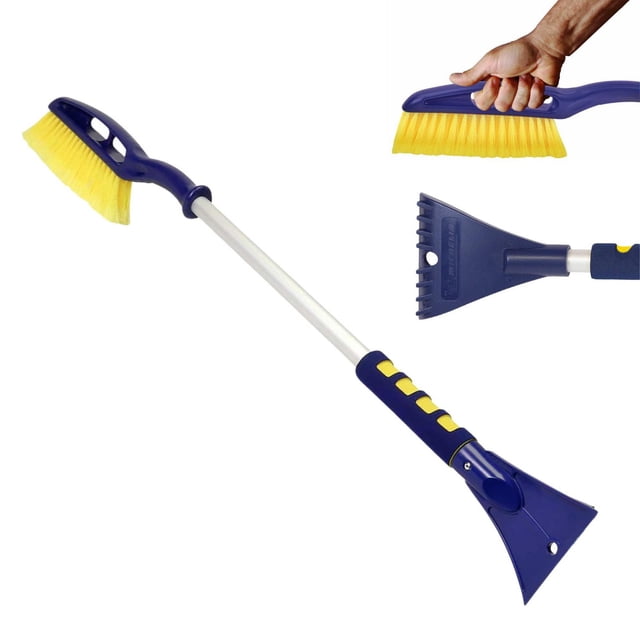 Michelin HD 35" Snow Brush with Ice Scraper with lightweight aluminum shaft and ergonomic non-slip foam handle in blue and yellow, featuring a 9-inch soft-touch PVC bristle brush head and a 4-inch wide durable ABS ice scraper reinforced with screws, shown with hand grip and scraper close-up.