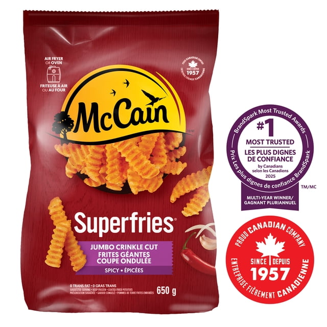 McCain® Superfries® Spicy Jumbo Crinkle Cut Fries 650 g package with red background and yellow McCain logo, showing spicy crinkle cut fries in a bowl, suitable for air fryer or oven cooking, featuring Canadian company badges from 1957 and BrandSpark Most Trusted Award 2025, ideal frozen fries for quick oven-baked snacks.