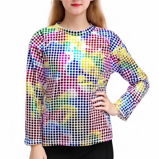 EGNMCR Blouses et Chemises à Manches Longues Col Rond Tenue de Performance Pailletée pour Enfants T-shirt à Manches Longues Col Rond pour Enfants polyester top
