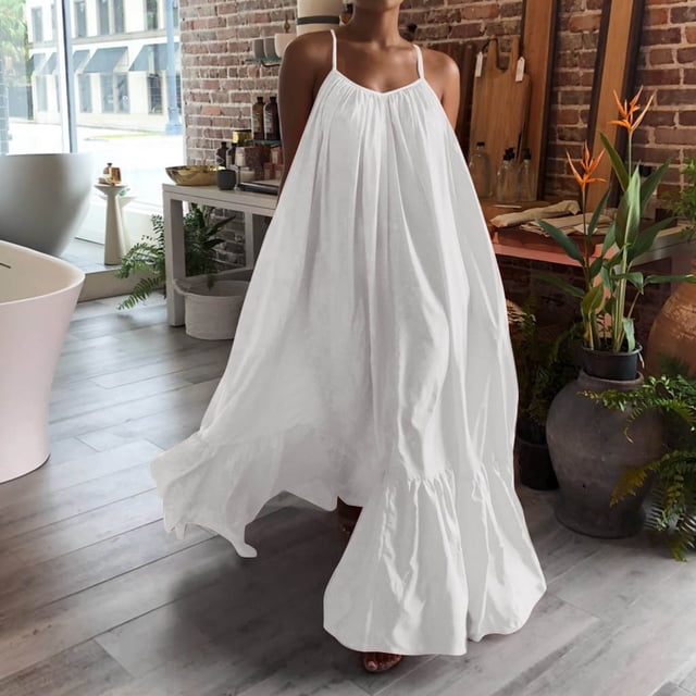 HKEJIAOI Robes de Sortie pour Femmes Offres Liquidation Cadeau de la Saint-Valentin Femmes Mode Décontractée Robe Unie à Bretelles Poche Ample Dos Nu Grande Robe Évasée Blanc
