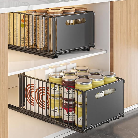 2Pcs Under Kitchen Sink Organizer, Slide Out Under Sink Pull Out Organizer with Adhesive Film Under Sliding Cabinet Basket Storage Shelf for Kitchen Bathroom Black Large