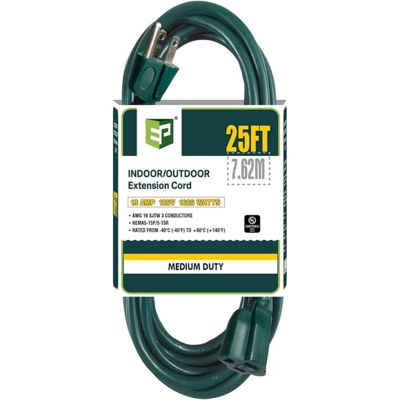 EP 25 Ft Outdoor Extension Cord - 16/3 SJTW Green Electrical Cable with 3 Prong Grounded Plug