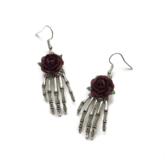 Don't Ask Women’s Silvertone Skeleton Hand with Dark Rose Drop Earrings