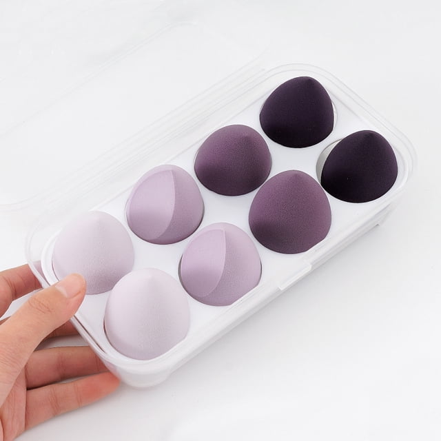 Blending Sponges Set of 8PCS Foundation Blender Sponge Makeup Cosmetic Cream Powder Multi shape for Dry & Wet Use, Beauty Sponge Holder Organizer Box Multi Purple Color Cosmetics Tool