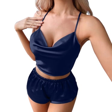GDREDA Pyjama Grande Taille pour Femmes Pyjama Aguichant en Satin de Soie à Volants Ensembles de Pyjama Ensembles de Shorts Tenue de Nuit Ensemble de Pyjama en Satin Ensemble de Shorts de Pyjama Tenue de Nuit Ensemble de Pyjama pour Femmes Ensembles de Pyjama pyjamas Bleu,TTG