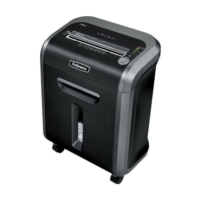 Fellowes® Powershred® 79Ci Jam Proof Shredder in black and gray with a 6-gallon pull-out bin and clear window showing shredded paper, featuring jam proof system, SafeSense® technology, SilentShred™ quiet operation, and energy savings system for efficient cross-cut shredding.