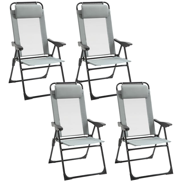 Outsunny Set of 4 Camping Chairs in grey, designed as zero gravity outdoor folding lounge chairs with 5-level adjustable backrests, removable headrests, and armrests. Constructed with weather-resistant mesh fabric and sturdy powder-coated steel frames supporting up to 264 lbs. Foldable design ensures easy transport and storage, ideal for camping, backyard lounging, or indoor relaxation.