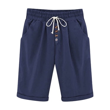 biudgviw Bermudas pour Femmes à Taille Élastique Décontractés Longueur Genou Bas à Cordon Ourlet Retroussé Shorts en Lin pour Vacances à la Plage