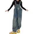 thumbnail image 3 of XIMIN Girls' Vintage Washed Denim Overalls - Adjustable Straps Button Decor Bib Overalls with Pockets for Kids Teens (Blue, 15-16 Years), 3 of 9