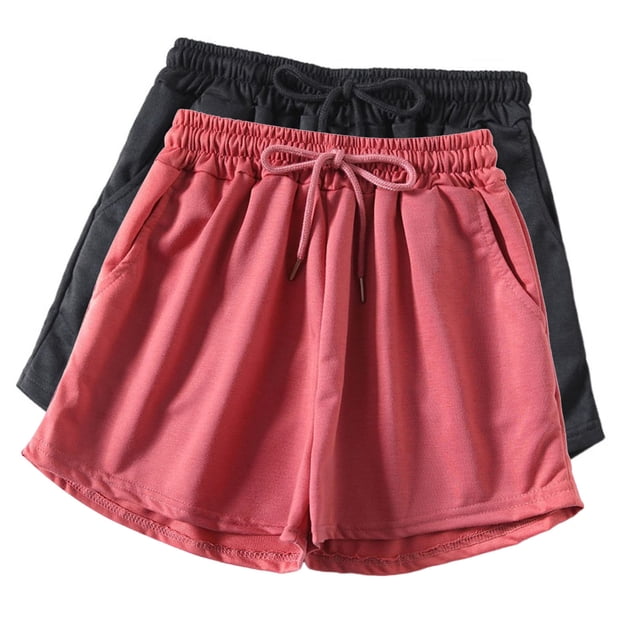 Diufon 2pc Womens Yoga Shorts Solid Color Shorts Elastic Waist Drawstring Athletic Shorts with Pockets