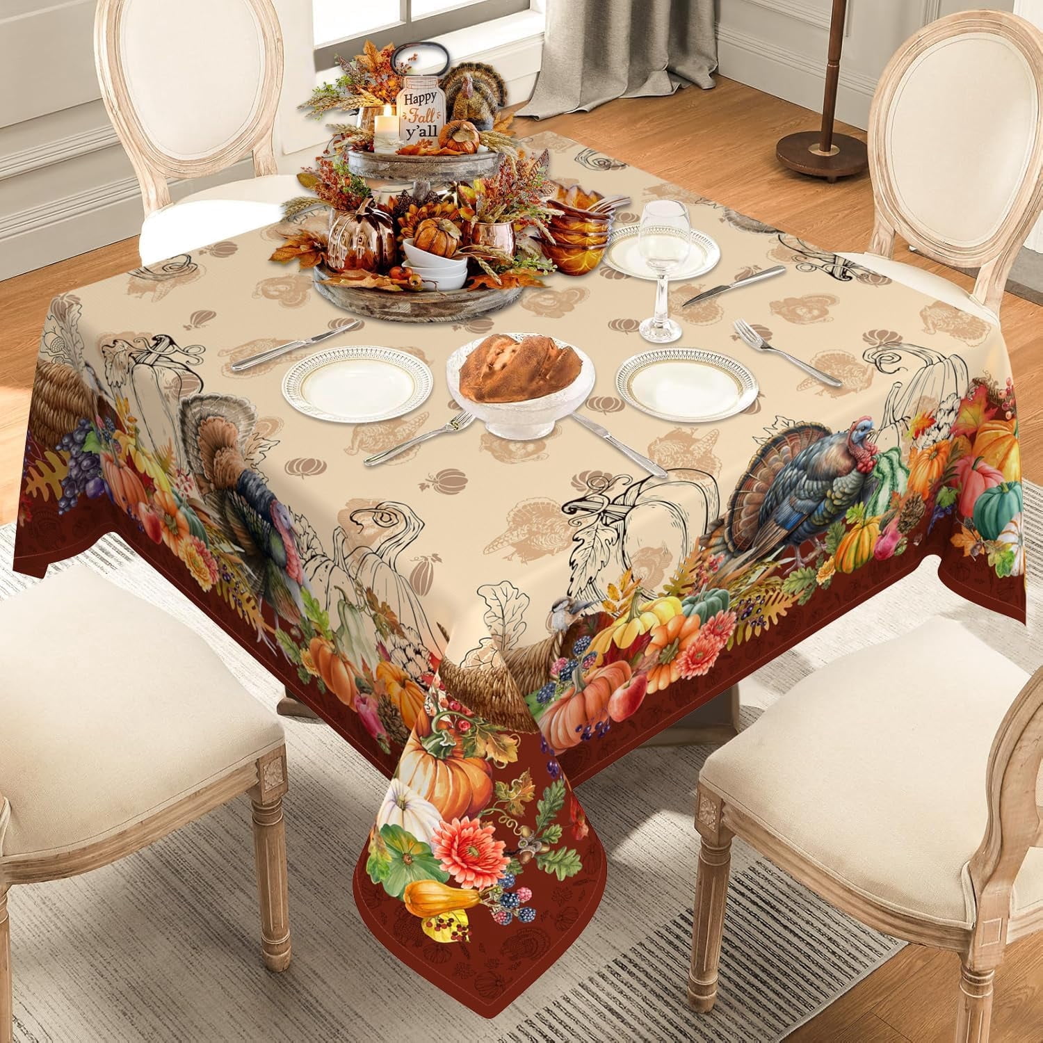 Nappe Carrée de l'Action de Grâce 60 Pouces, Nappe Carrée Dinde de Récolte de l'Action de Grâce, Nappes de l'Action de Grâce Carrées, Housse de Table Carrée de l'Action de Grâce Déco