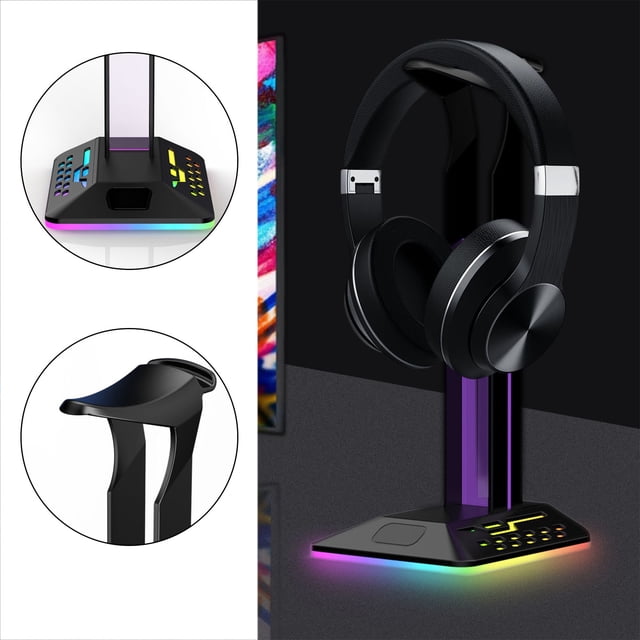 EGNMCR Support de Casque de Jeu RGB, Support de Casque avec 2 Ports de Chargement USB, Support de Casque de Jeu de Bureau avec Base en Caoutchouc, Cadeau