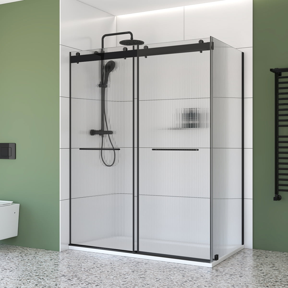 48" x 36" Kit de douche coulissante d’angle noir – Portes à double contournement sans cadre avec verre trempé cannelé 6 mm, installation à gauche & base SMC