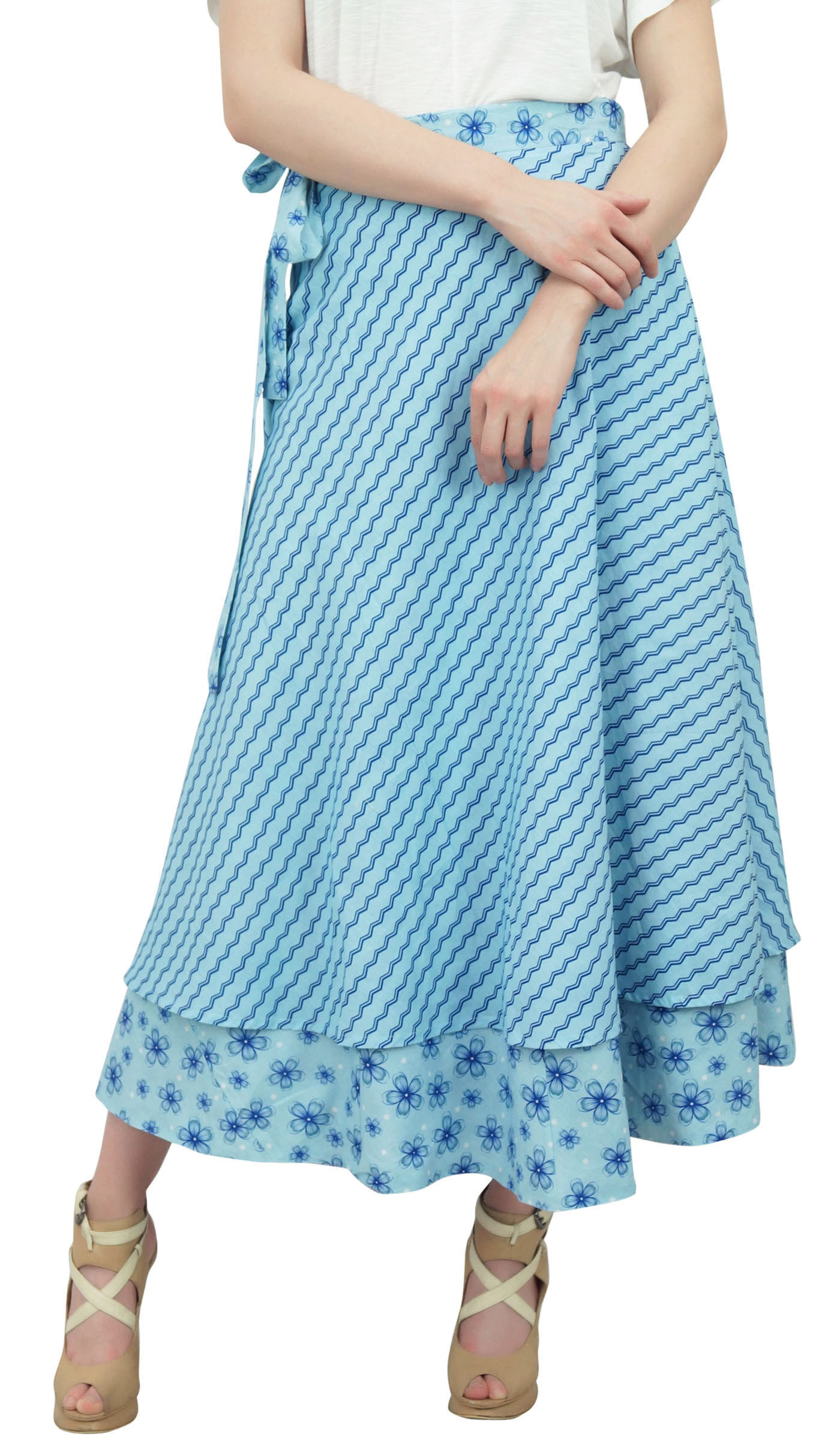 Phagun Light Blue Reversible Wrap Skirt Floral Printed Cotton Long Hippy Skirt