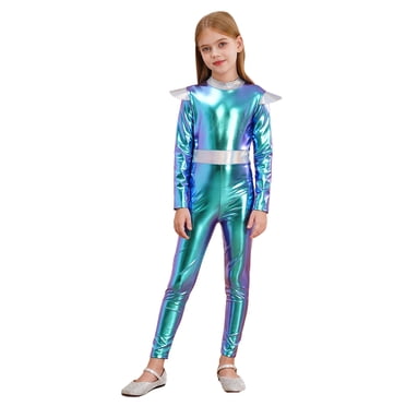 TSSOE Girls Alien Fancy Dress Costume Shiny Metallic Full Body Unitard Jumpsuit Outer Space Man Dress Up Blue 10