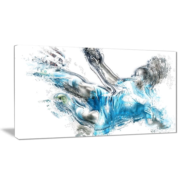 Design Art Soccer Power Kick Canvas Wall Art depicting a soccer player in blue uniform performing a powerful kick, rendered in a dynamic digital style with blue and gray tones on gallery wrapped cotton canvas, ready to hang and enhance home or office wall decor.