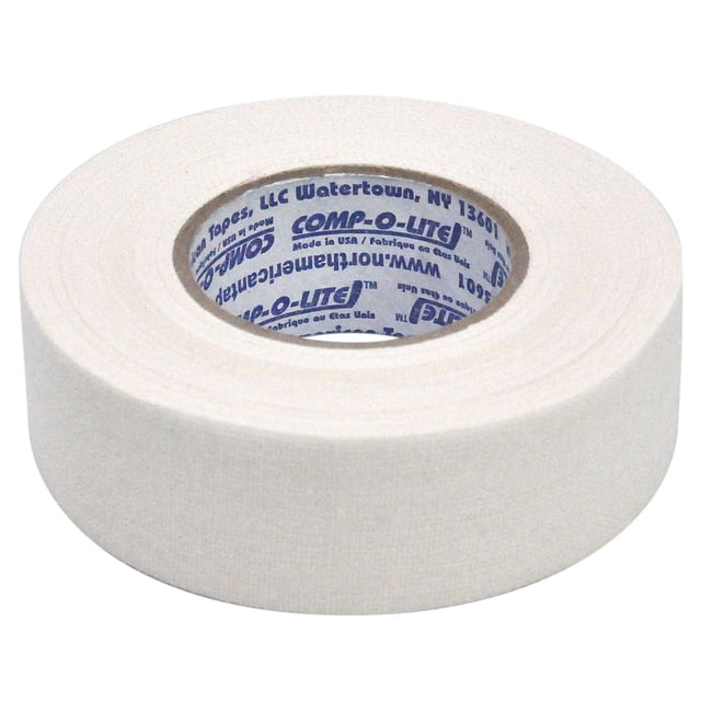 Comp-o-lite White Hockey Stick Tape 24MM X 14M roll shown from a side angle, featuring durable white cloth tape with a textured surface and printed inner core with brand details, optimized for composite hockey stick blades and ice hockey accessories, also suitable for various sports taping applications.
