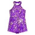 thumbnail image 4 of Yanarno Combinaison Short de Danse pour Filles, Col Licou, Paillettes, Fête de Noël, Rumba Samba, Violet, 8, 4 of 5