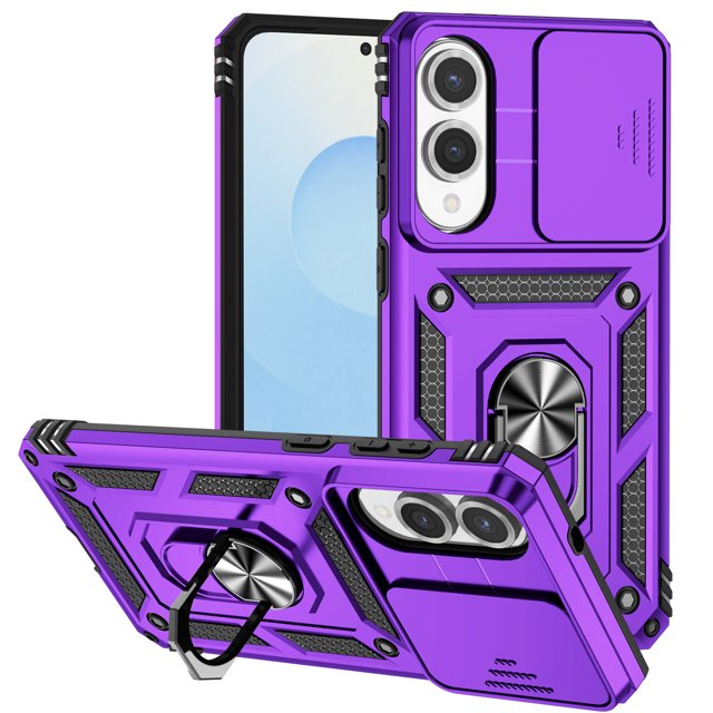 TYJKeJi Case with Stander Holder Kickstand Drop Resistant Shockproof Case for Samsung Galaxy S25 Edge. A purple hybrid protective cellphone case designed for Samsung Galaxy S25 Edge, featuring a matte solid color anti-fingerprint finish, reinforced four-corner airbag protection, and a 360-degree rotating ring holder that doubles as a kickstand for hands-free viewing. Made with dual layers of shockproof TPU and solid PC for enhanced durability and impact resistance, ideal for protecting against drops and scratches.