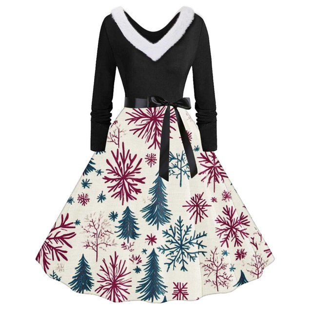 TIMIFIS Robes de Noël pour Femmes, Robes Maxi pour Femmes Robe Vintage de Vacances Manches Longues Col en V en Fourrure Robe Dos Nu