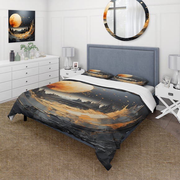 Designart "Marble Moon in Black and Orange III" Moose Landscape Mountains Bedding Covert Set - Animals Orange Modern Bed Set With 2 Shams