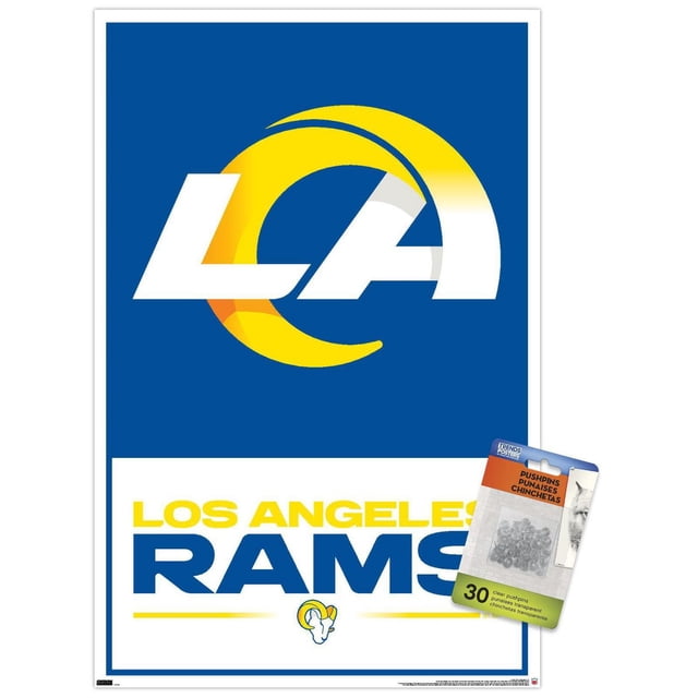 NFL Los Angeles Rams - Affiche Murale Logo 21, 22,375 Po x 34 Po art Mural Encadré Présentant un Fond Bleu Centré avec un Grand Logo des Rams Blanc et Jaune au-Dessus d'Un Texte Audacieux Jaune et Bleu Lisant « Los Angeles Rams » et une Petite Icône de Tête de Bélier en Dessous, Idéal pour la Déco de Chambre et Comprend 30 Punaises Transparentes pour un Accrochage Facile.