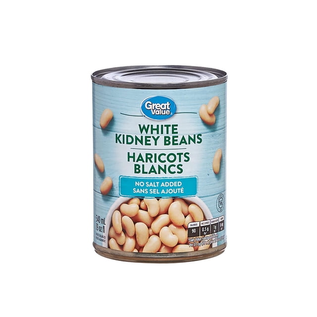 Great Value No Salt White Kidney Beans can with a light blue label featuring scattered white kidney beans and a bowl of beans at the bottom, labeled in English and French, 540 ml (19 oz), no salt added, suitable for soups, chili, and burrito recipes.