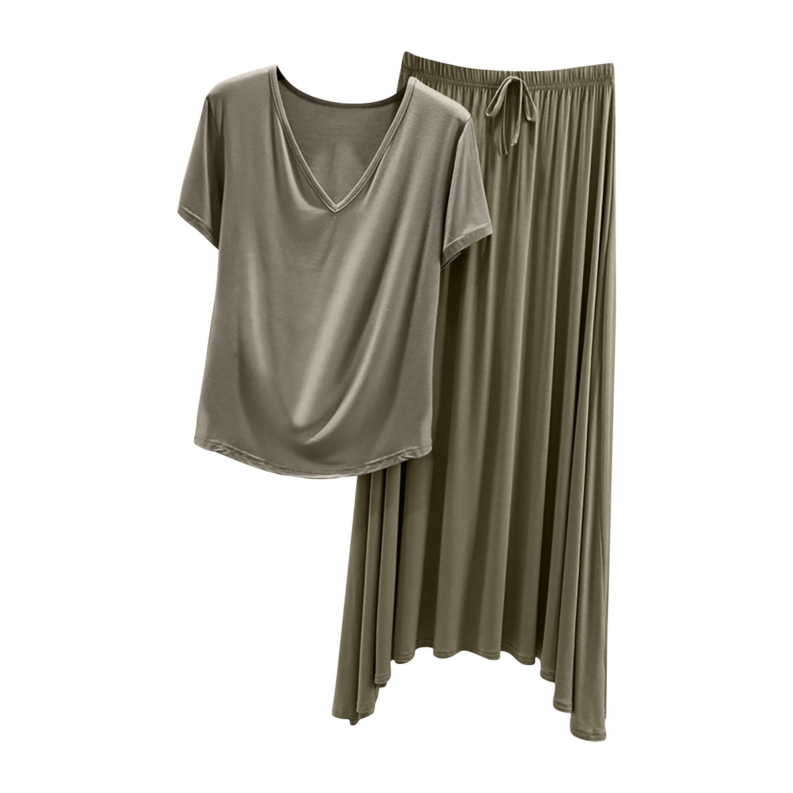 Timegard Ensembles de Pyjamas pour Femmes Col en V Manches Courtes T-Shirts Jupes Amples Doux Couleur Unie Tenues de Nuit