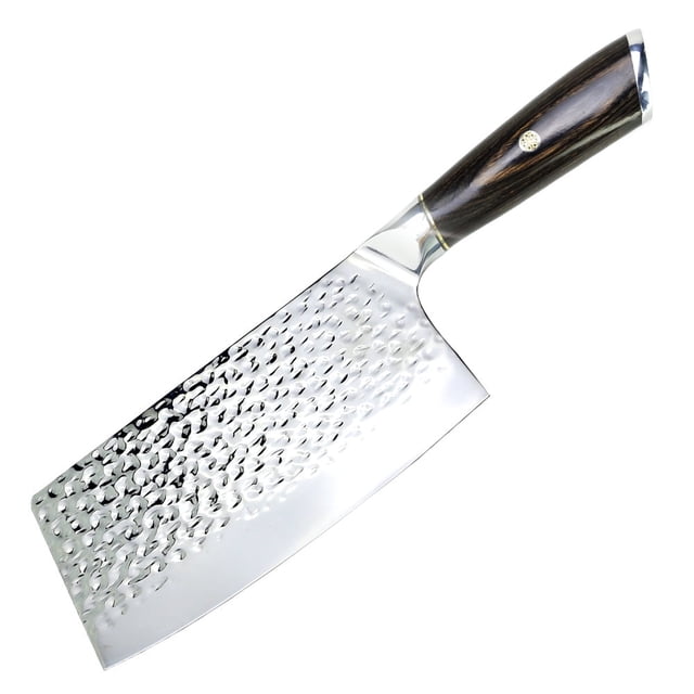 Akatsuki Meat Cleaver Chef Kitchen Knife Handmade Forged High Carbon Steel Butcher Knife with a hammered stainless steel blade and full tang wooden handle. The 7-inch razor-sharp blade is ideal for chopping bones, slicing, dicing, and precise cuts. Ergonomic arc handle ensures comfortable grip and agile control. Often referred to as a Chinese cleaver, it is suitable for professional and home kitchen use.