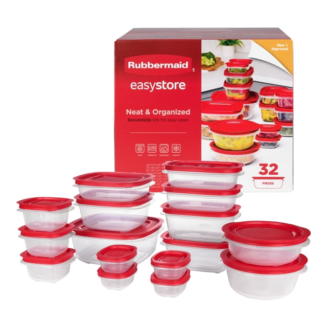 Rubbermaid EasyStore Rectangle, Square, and Round Food Storage Containers with Lids, 32-Piece Set showing clear plastic containers with red SecureGrip lids in various sizes and shapes, stacked and arranged in front of the product box promoting neat, organized food storage with easy-open lids, ideal for fridge and pantry organization.